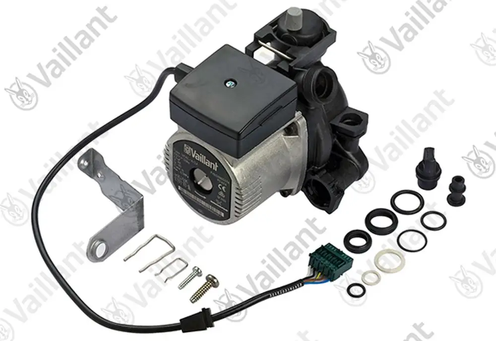 Vaillant Pumpe mit Motor, Anschlusskabel, Montageschiene und diversen O-Ringen sowie weiteren Kleinteilen.